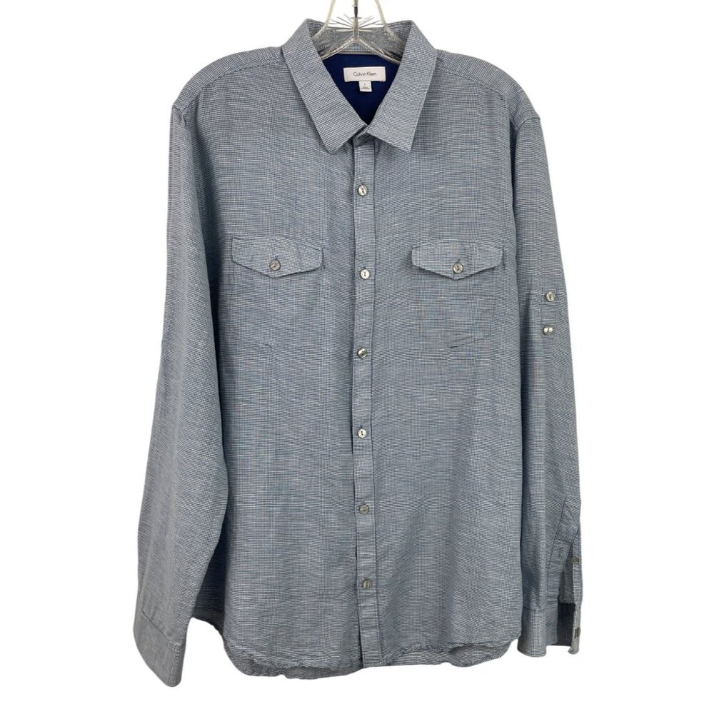 Calvin Klein Mens Blue Long Sleeve Roll Tab Button-Up Shirt Size Large
